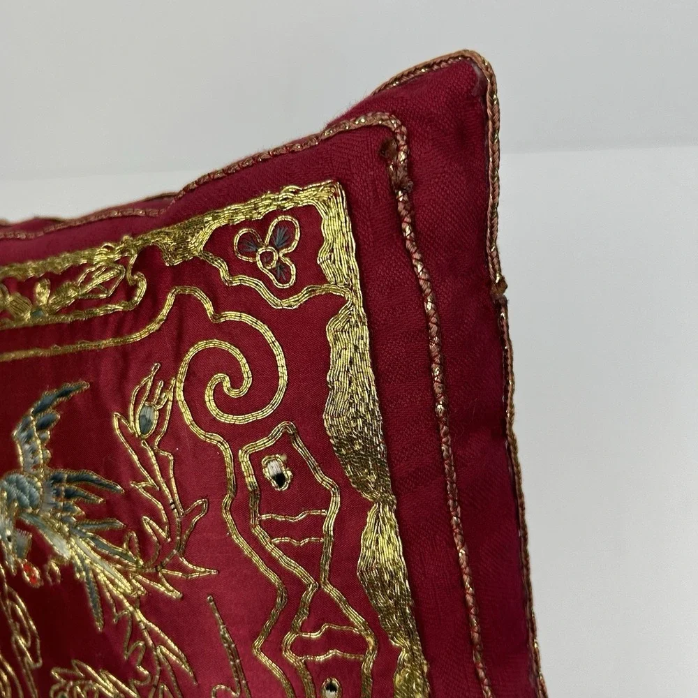 Vintage Red Silk Embroidered Chinese Phoenix Decorative Pillow Gold Thread Asian